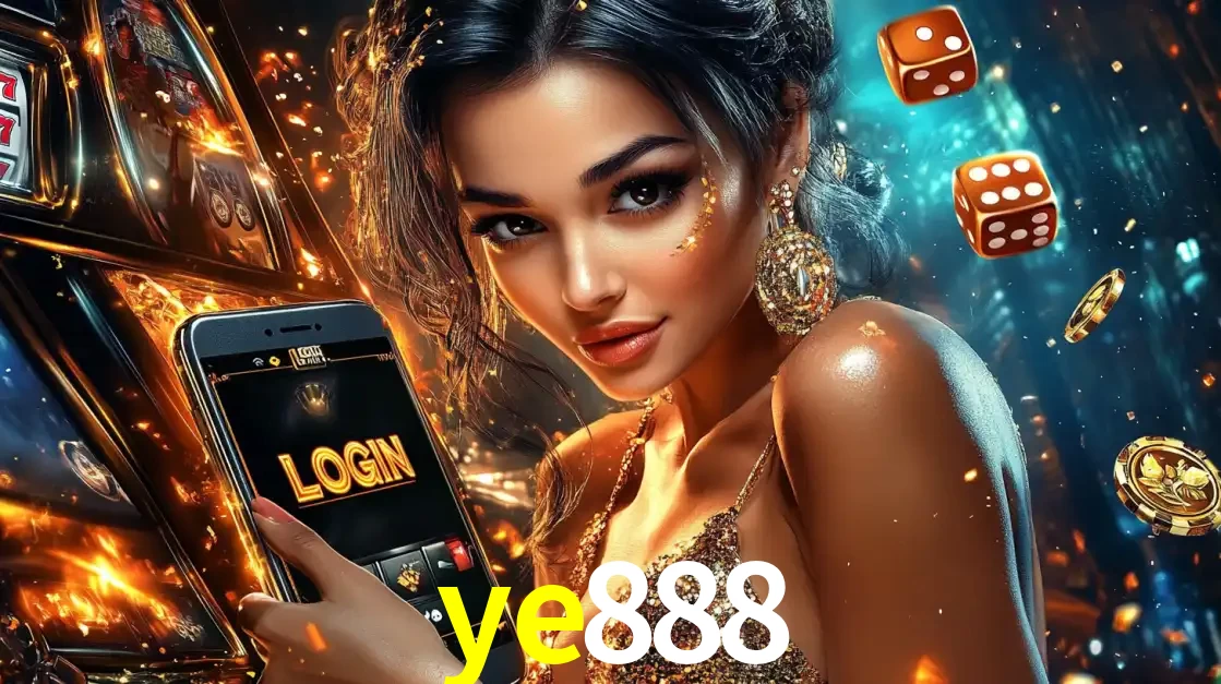 Mulher glamourosa segurando um celular com a tela de login do cassino ye888, rodeada por dados e moedas douradas, pronta para começar a diversão.