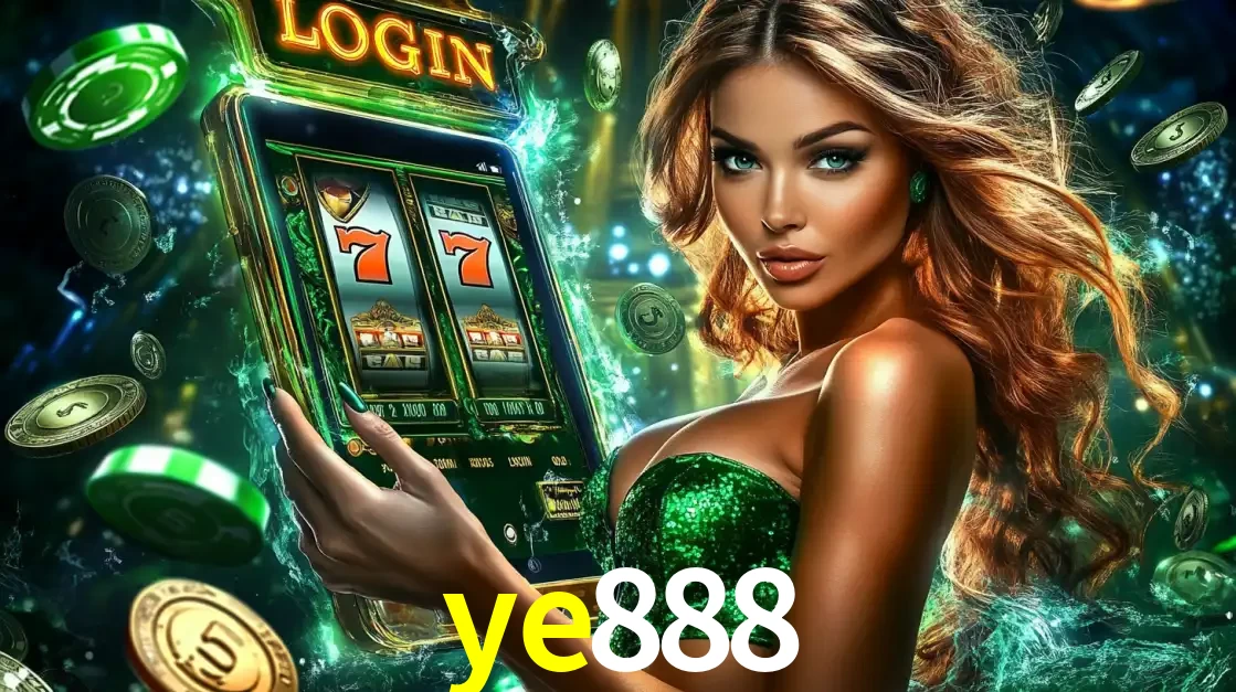 Mulher com tema verde apresentando o aplicativo do cassino ye888 com um jogo de slot de 777, cercada por fichas de cassino e uma aura de sorte.