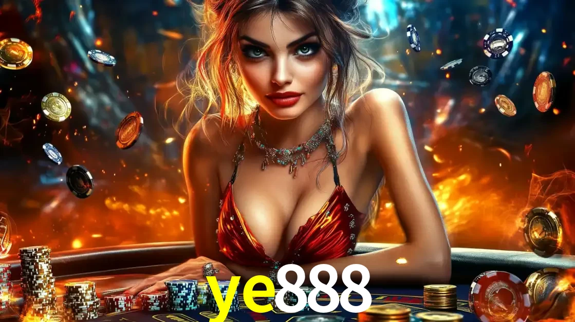 Mulher em uma mesa de cassino com pilhas de fichas e um fundo de fogo, pronta para uma rodada de altas apostas nos jogos de mesa emocionantes do cassino ye888.