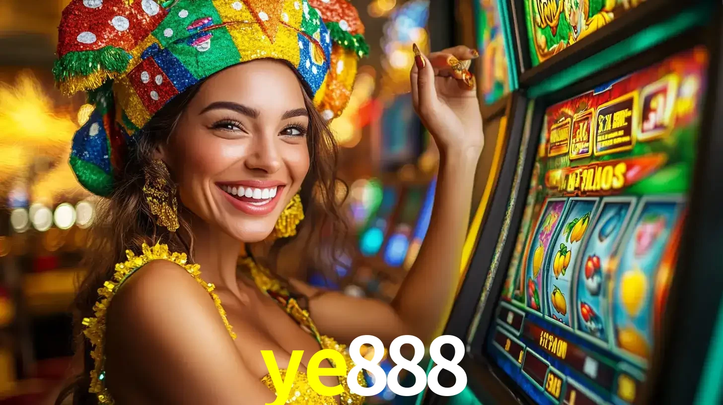 Mulher feliz com traje de carnaval amarelo e colorido ao lado de uma máquina de caça-níqueis, aproveitando a diversão e os jogos temáticos do cassino ye888.
